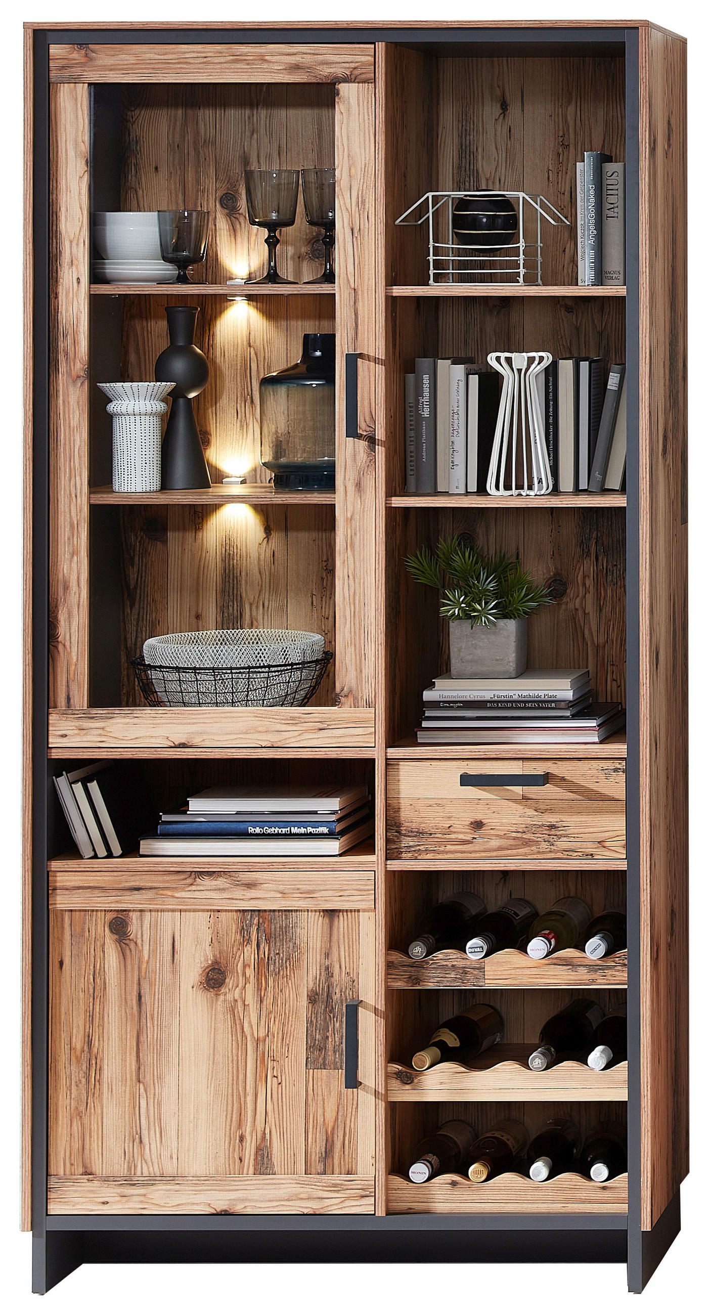 Vitrine "Prato" , in Graphitfarben, Naturfarben  - Graphitfarben/Naturfarben, Natur, Holzwerkstoff/Metall (100/203/38cm) - Livetastic