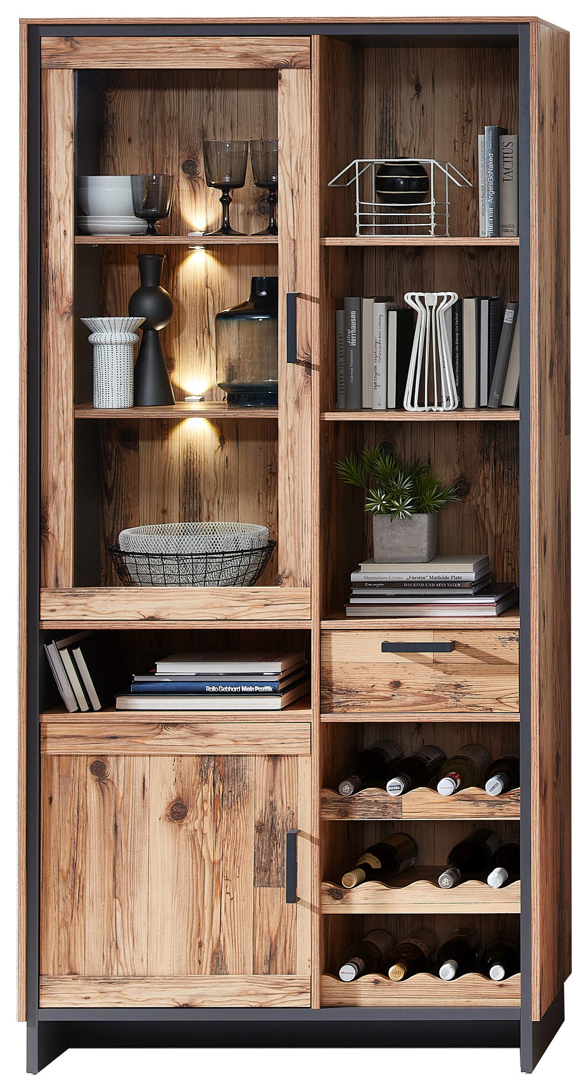 Vitrine "Prato" , in Graphitfarben, Naturfarben  - Graphitfarben/Naturfarben, Natur, Holzwerkstoff/Metall (100/203/38cm) - Livetastic