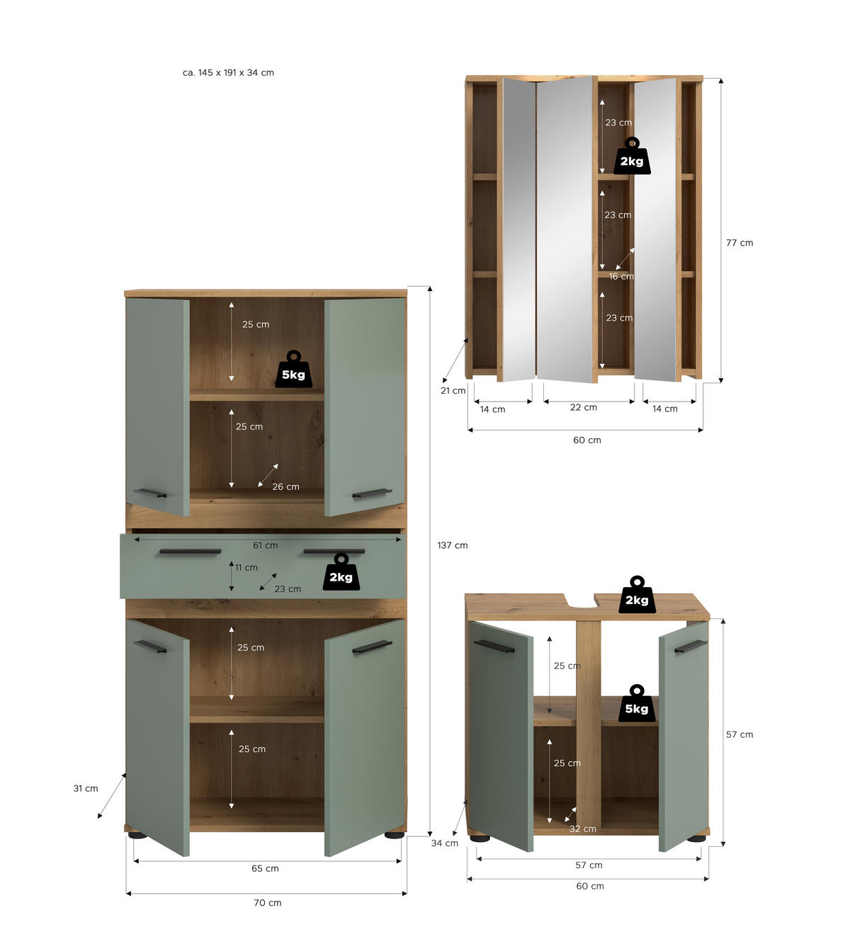 BADEZIMMER 3-teilig  in 145 cm  - Salbeigrün/Schwarz, Trend, Glas/Holzwerkstoff (145cm) - MID.YOU