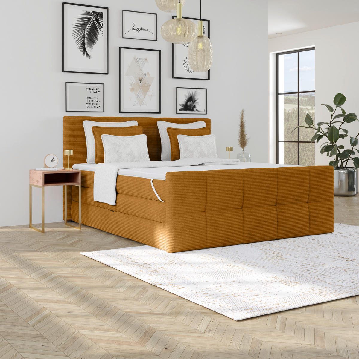 BOXSPRINGBETT 160/200 cm,  in Senfgelb, gepolstertes Kopfteil, Bettkasten, Topper, Matratzen, H2 + H2 = mittel  - Senfgelb, KONVENTIONELL, Holz/Holzwerkstoff (160/200cm)