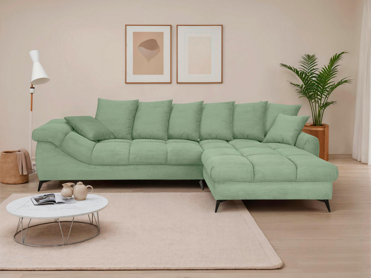 ECKSOFA Pastellgrün Cord Rückenkissen, Armlehnenkissen, Rücken echt  - Pastellgrün/Schwarz, KONVENTIONELL, Textil/Metall (332/231cm) - Carryhome