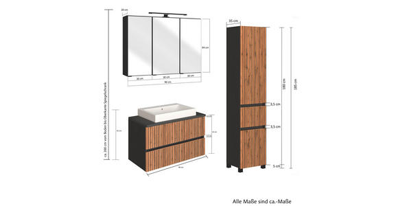 BADEZIMMER  in 130 cm  - Eiche Wotan/Graphitfarben, KONVENTIONELL, Glas/Keramik (130cm) - Xora