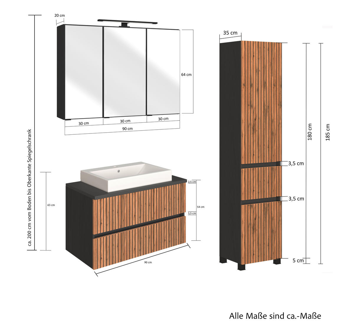 BADEZIMMER  in 130 cm  - Eiche Wotan/Graphitfarben, KONVENTIONELL, Glas/Keramik (130cm) - Xora
