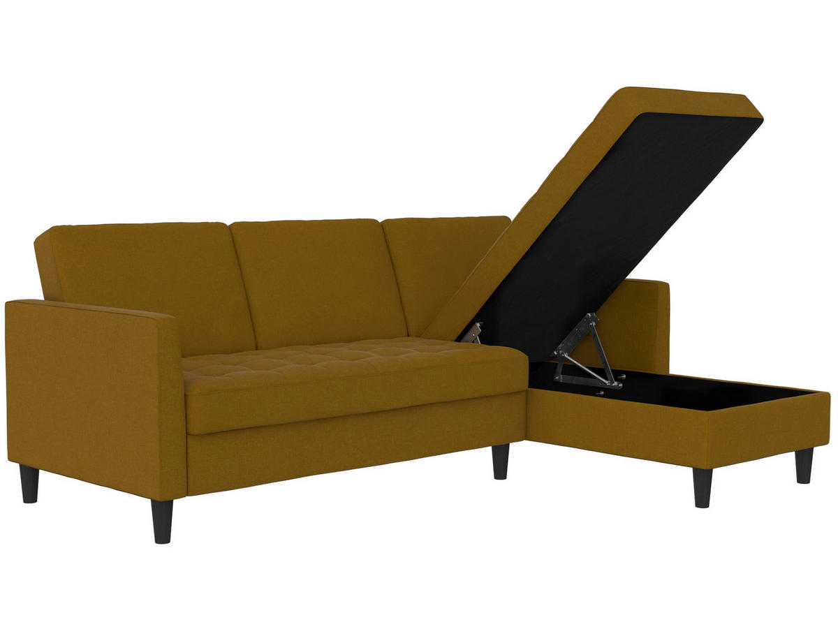 ECKSOFA PALERMO Currygelb Webstoff, Leinenoptik Schlaffunktion, Stauraum  - Currygelb/Schwarz, Basics, Kunststoff/Textil (213/154cm) - Livetastic