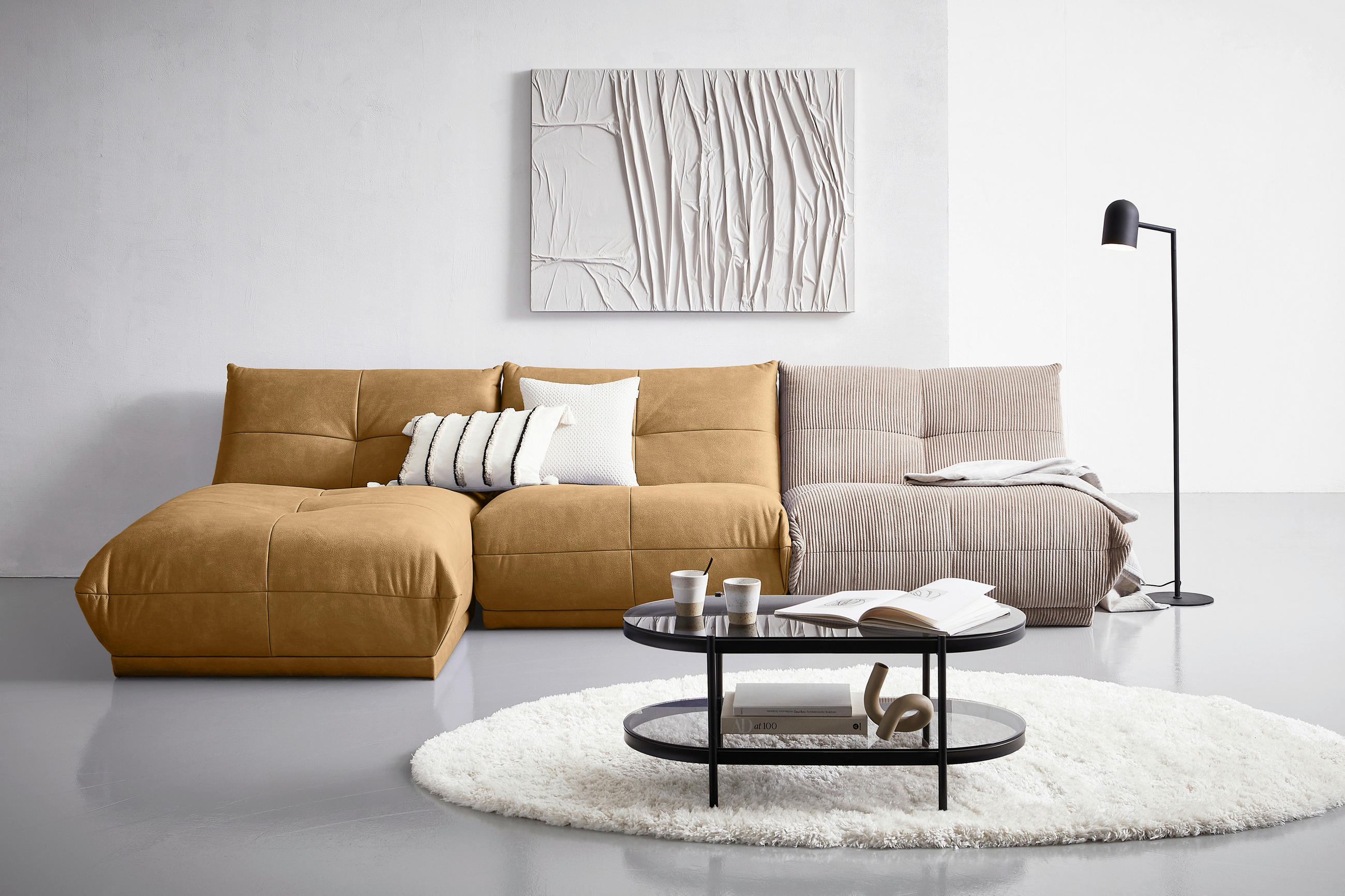 ECKSOFA in Cord, Lederlook Taupe, Hellbraun  - Taupe/Hellbraun, Trend, Textil (185/315cm) - Livetastic