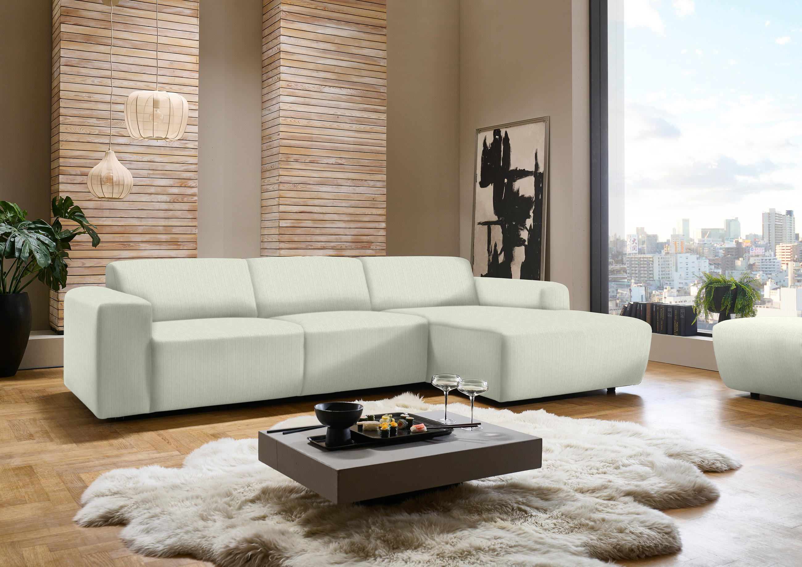 ECKSOFA in Feincord Creme  - Creme/Schwarz, Design, Kunststoff/Textil (301/177cm) - Beldomo Style