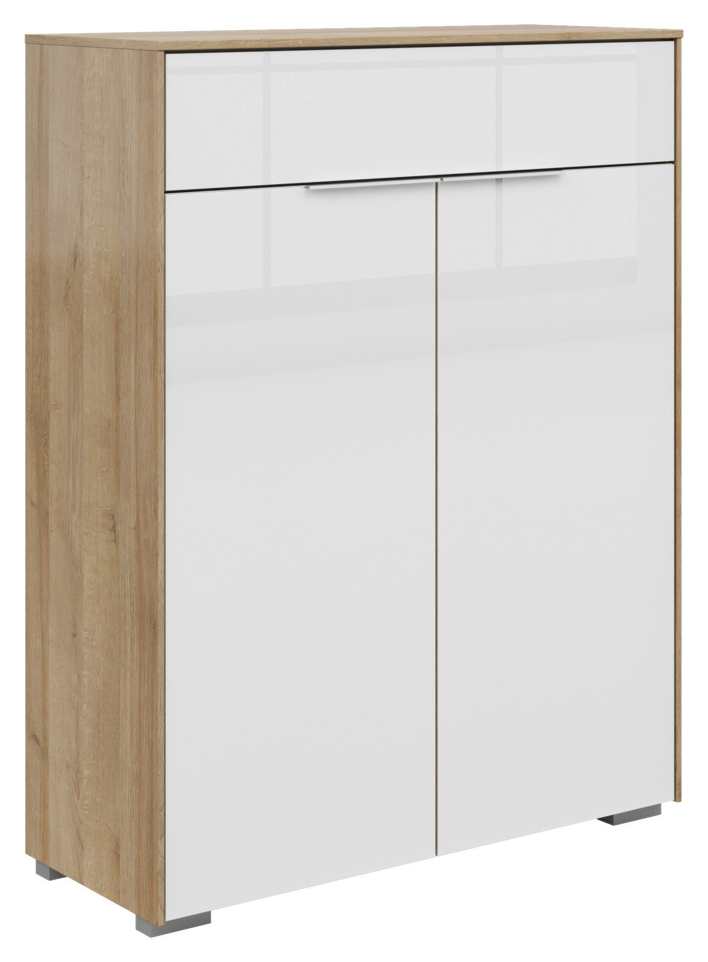 KOMODA, bílá, barvy dubu, 81/110/37 cm - bílá/barvy stříbra, Konvenční, kov/kompozitní dřevo (81/110/37cm) - Voleo