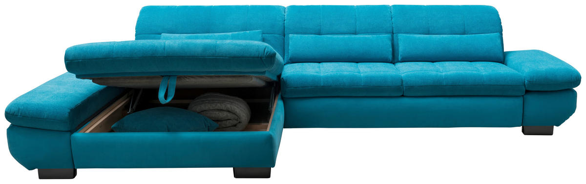 ECKSOFA Türkis Mikrofaser Kopfteilverstellung  - Türkis/Schwarz, Design, Textil/Metall (204/341cm) - Xora