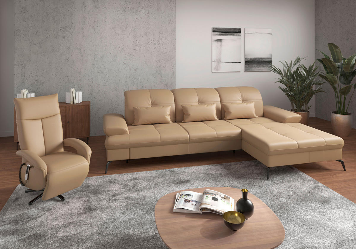 ECKSOFA in Vliesstoff Kombination Echtleder/Stoff Cappuccino  279/185 cm  - Schwarz/Cappuccino, KONVENTIONELL, Leder/Textil (279/185cm) - Sit & More