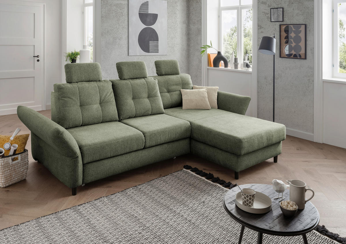 ECKSOFA in Chenille Dunkelgrün  - Dunkelgrün/Beige, Modern, Holz/Textil (250-280/176cm) - Livetastic