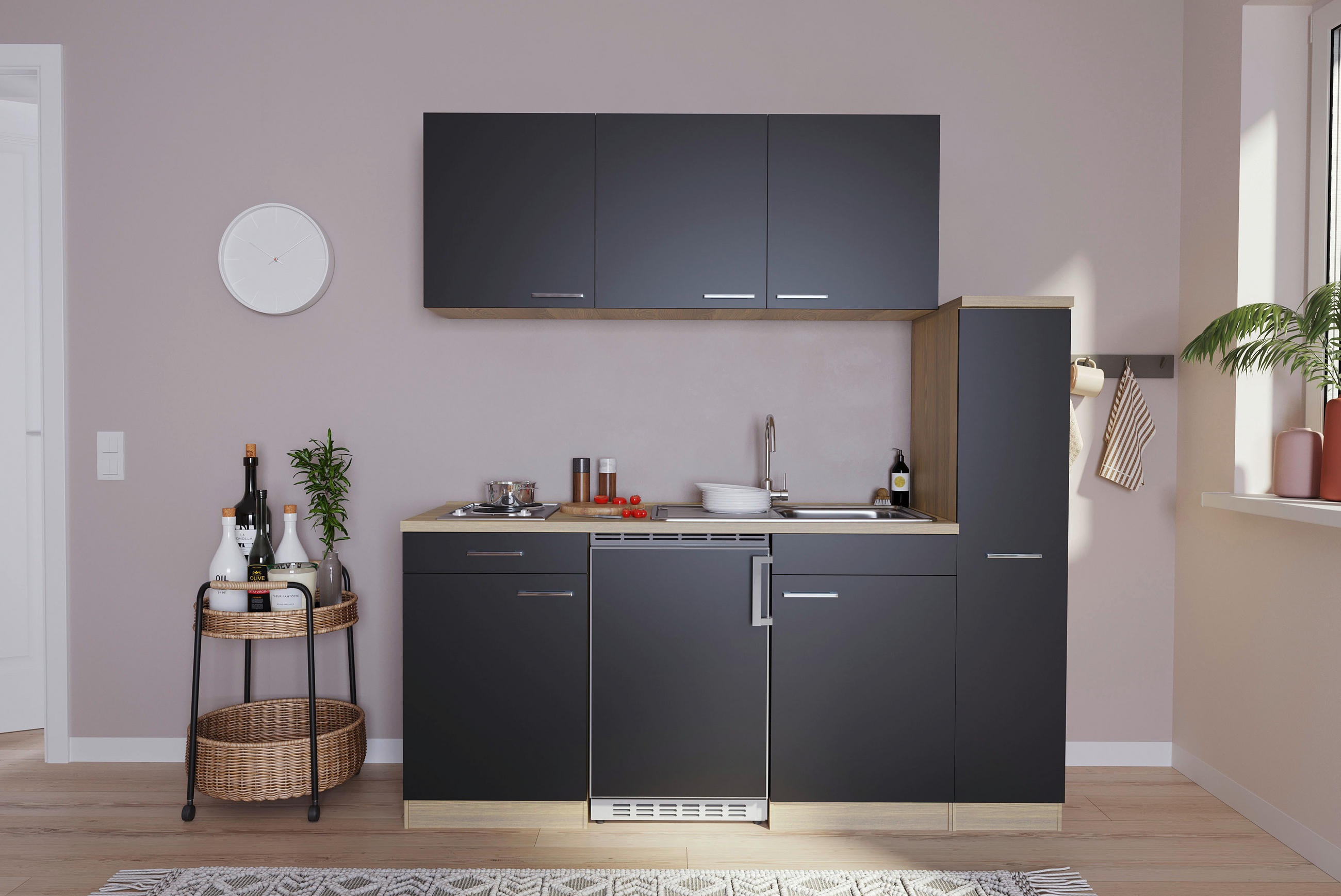 KÜCHENBLOCK Luis 180 cm  in Schwarz  - Eichefarben/Alufarben, Basics, Holzwerkstoff/Kunststoff (180cm) - Respekta