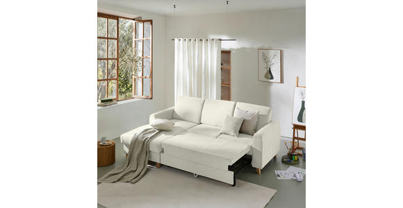 ECKSOFA Creme Flachgewebe Bettkasten, Schlaffunktion, Rücken echt, Kopfstütze, Liegefläche im Originalstoff  - Buchefarben/Creme, KONVENTIONELL, Holz/Textil (166/241cm) - Carryhome