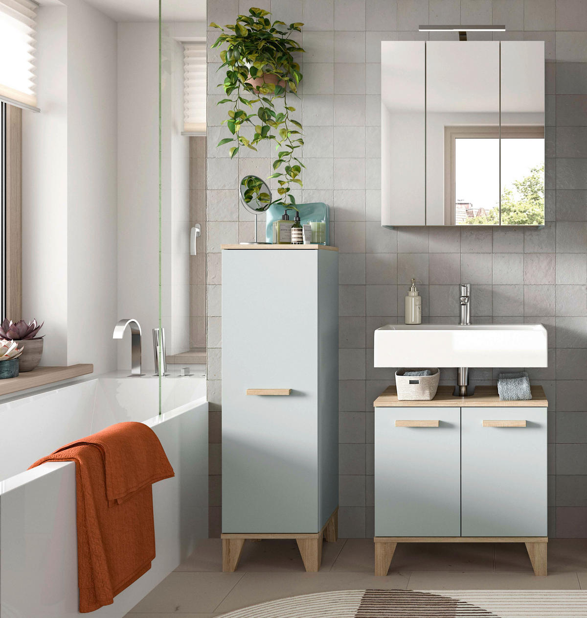 BADEZIMMER 4-teilig 94 cm  - Eiche San Remo/Graugrün, Modern, Holzwerkstoff/Kunststoff (94cm) - MID.YOU