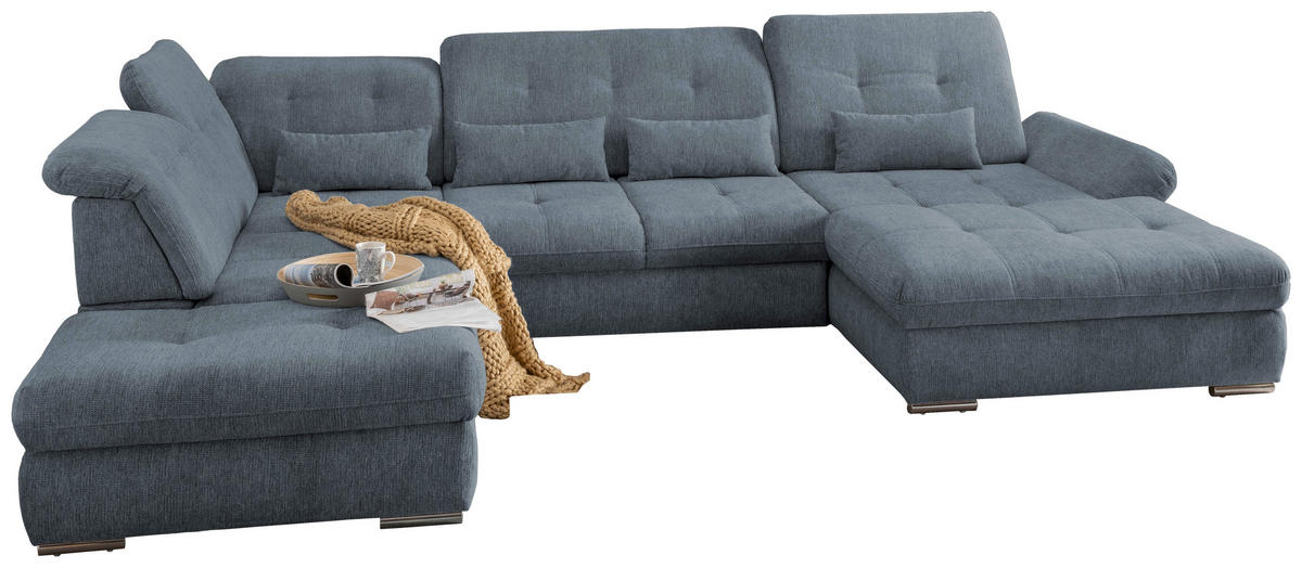 WOHNLANDSCHAFT in Chenille Hellblau  - Chromfarben/Hellblau, Design, Textil/Metall (254/376/195cm) - Livetastic