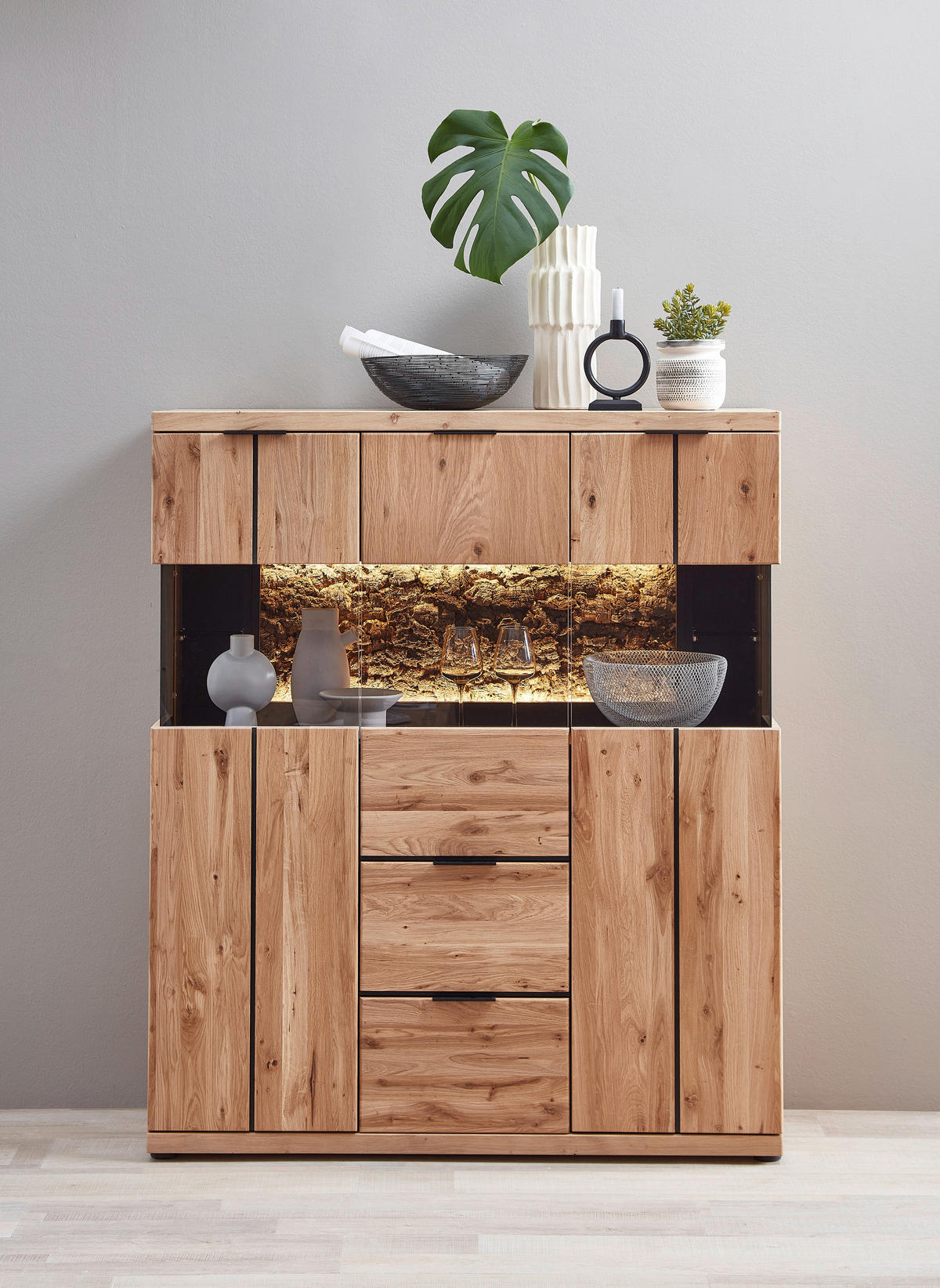 HIGHBOARD Schwarz, Wildeiche  122/144/42 cm  - Wildeiche/Schwarz, Natur, Glas/Holz (122/144/42cm) - Linea Natura