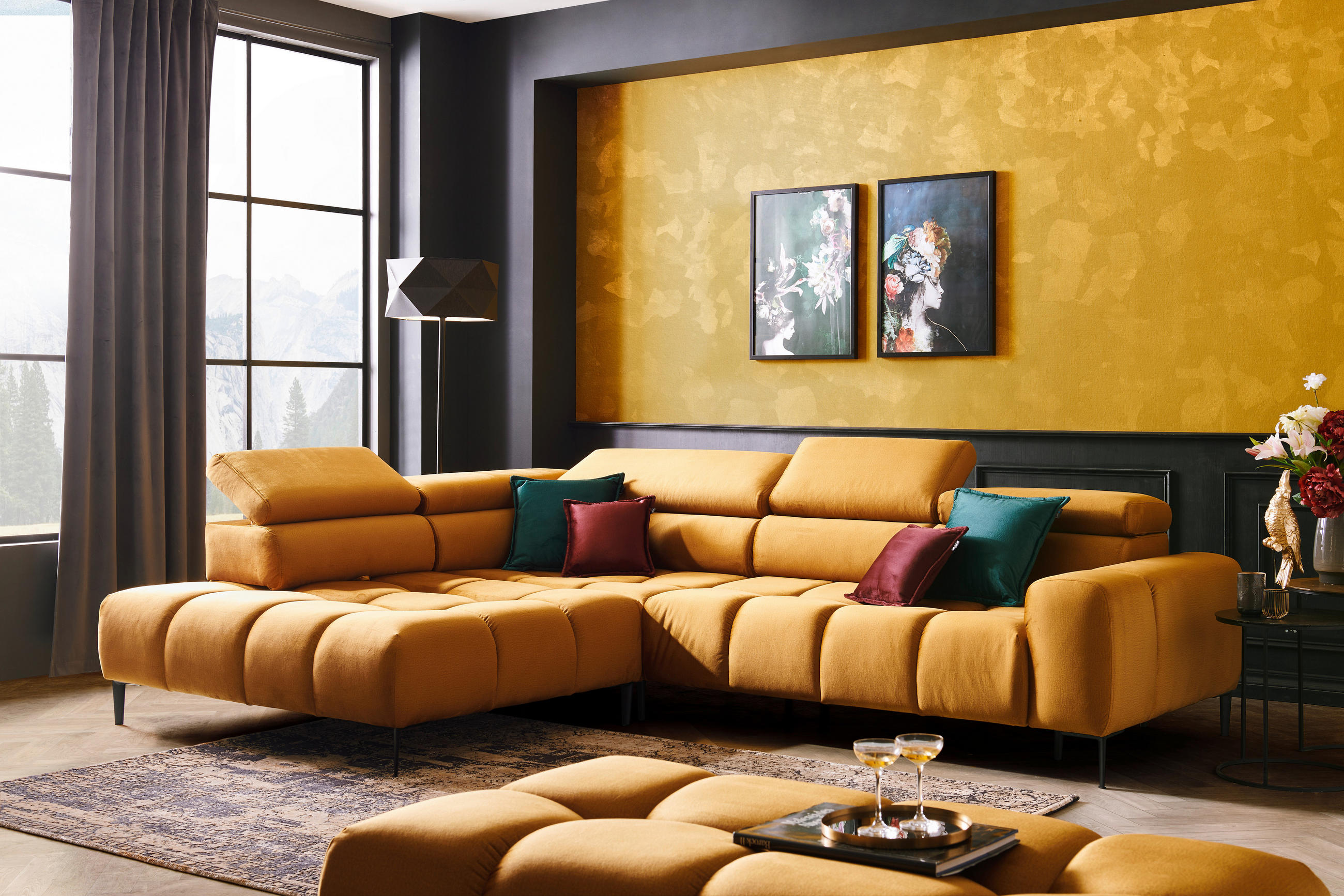 Thumbnail - Welnova Ecksofa, Currygelb, Textil, Uni, 5-Sitzer, Ottomane links, L-Form, 300x216 cm, Fsc, Reach, Made in EU, Oeko-Tex®...