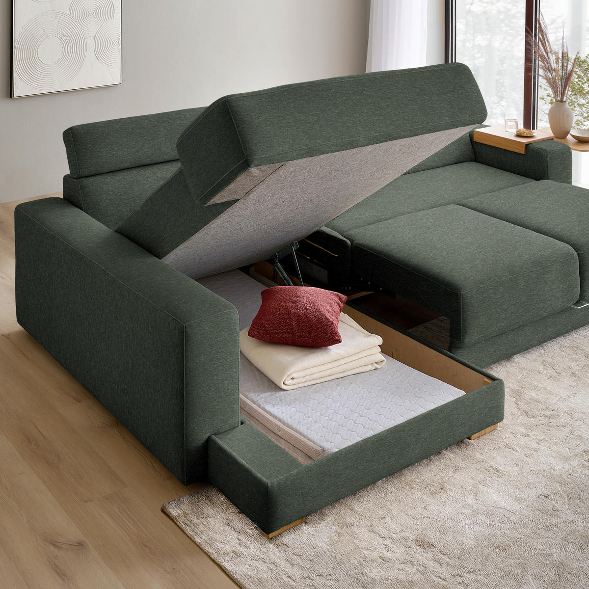 ECKSOFA  in Chenille Dunkelgrün  206/316 cm  - Dunkelgrün/Eichefarben, Design, Textil (206/316cm) - Sedda