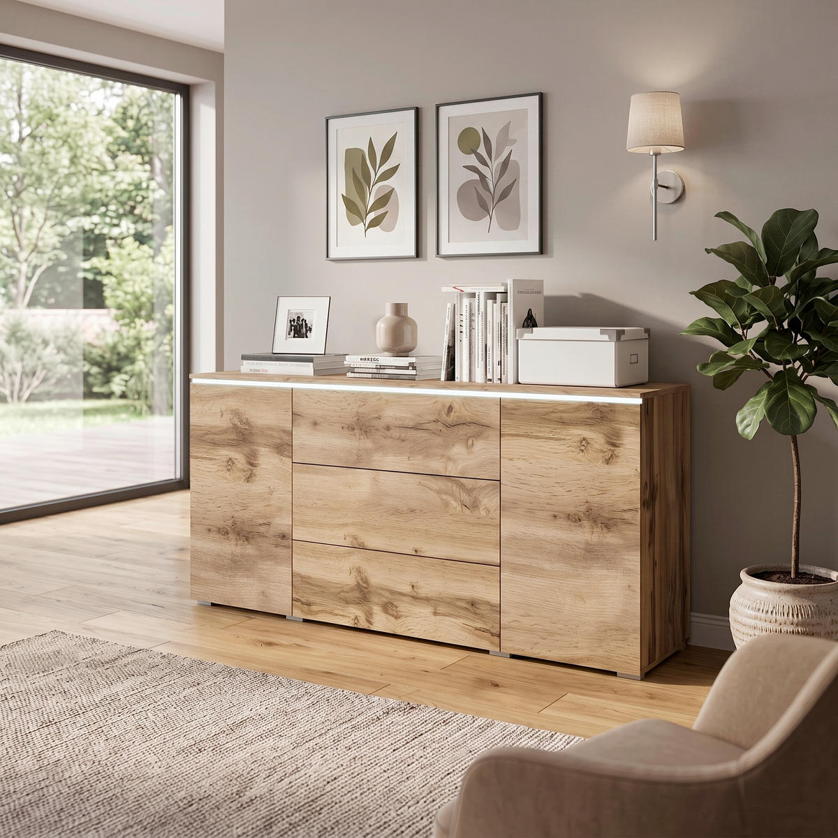 SIDEBOARD Vera 150/67,9/39,5 cm 3 Schublade(n)  - Eiche Wotan/Grau, LIFESTYLE, Holzwerkstoff/Kunststoff (150/67,9/39,5cm) - P & B