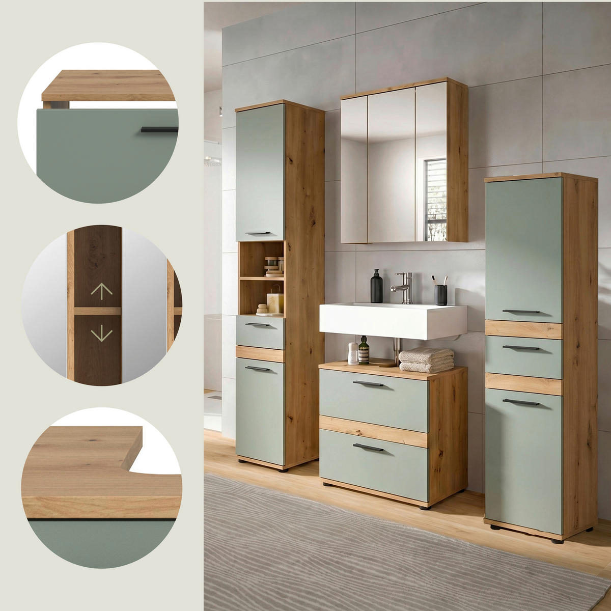 BADEZIMMER 4-teilig  in 160 cm  - Salbeigrün/Schwarz, Trend, Glas/Holzwerkstoff (160cm) - MID.YOU