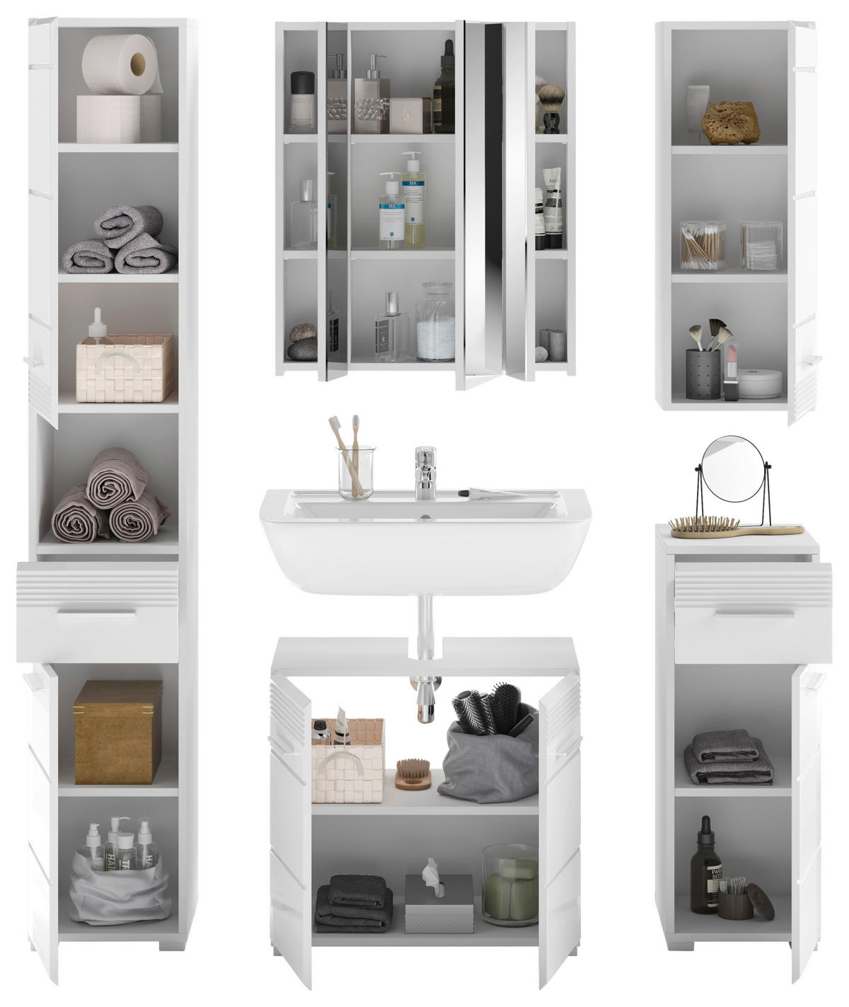 BADEZIMMER 5-teilig  in 120 cm  - Weiß Hochglanz/Silberfarben, MODERN, Glas/Holzwerkstoff (120cm) - MID.YOU