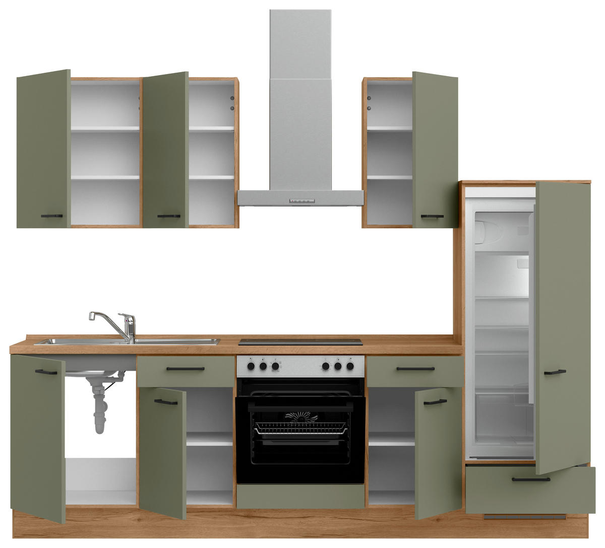 KÜCHENBLOCK Senso 270 cm  in Eichefarben, Olivgrün  - Eichefarben/Schwarz, MODERN, Holzwerkstoff/Metall (270cm) - Nobilia