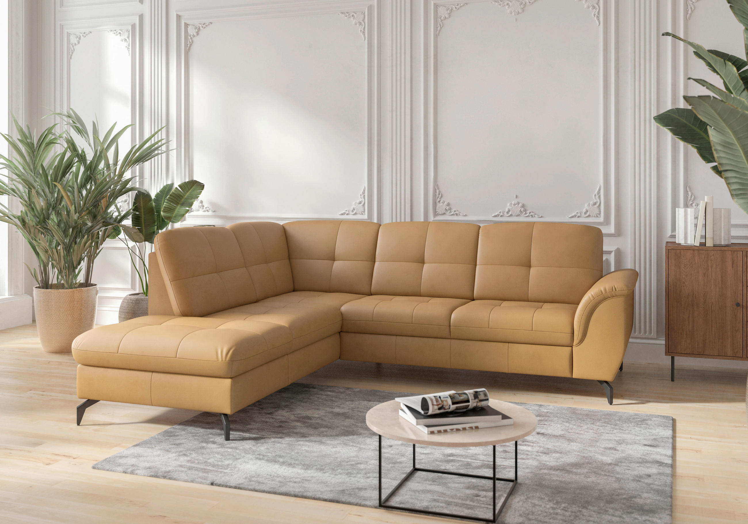 ECKSOFA in Vliesstoff Kombination Echtleder/Stoff Currygelb  212/244 cm  - Currygelb/Schwarz, MODERN, Leder/Textil (212/244cm) - Sit & More