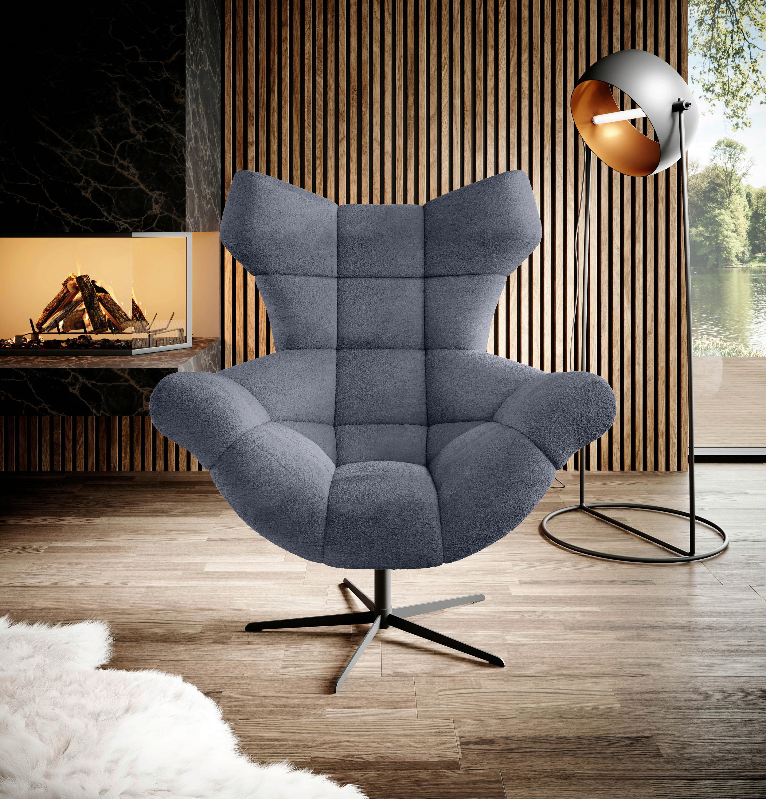 OHRENSESSEL Chenille Dunkelblau  - Schwarz/Dunkelblau, Design, Textil/Metall (103/119/84cm) - home24