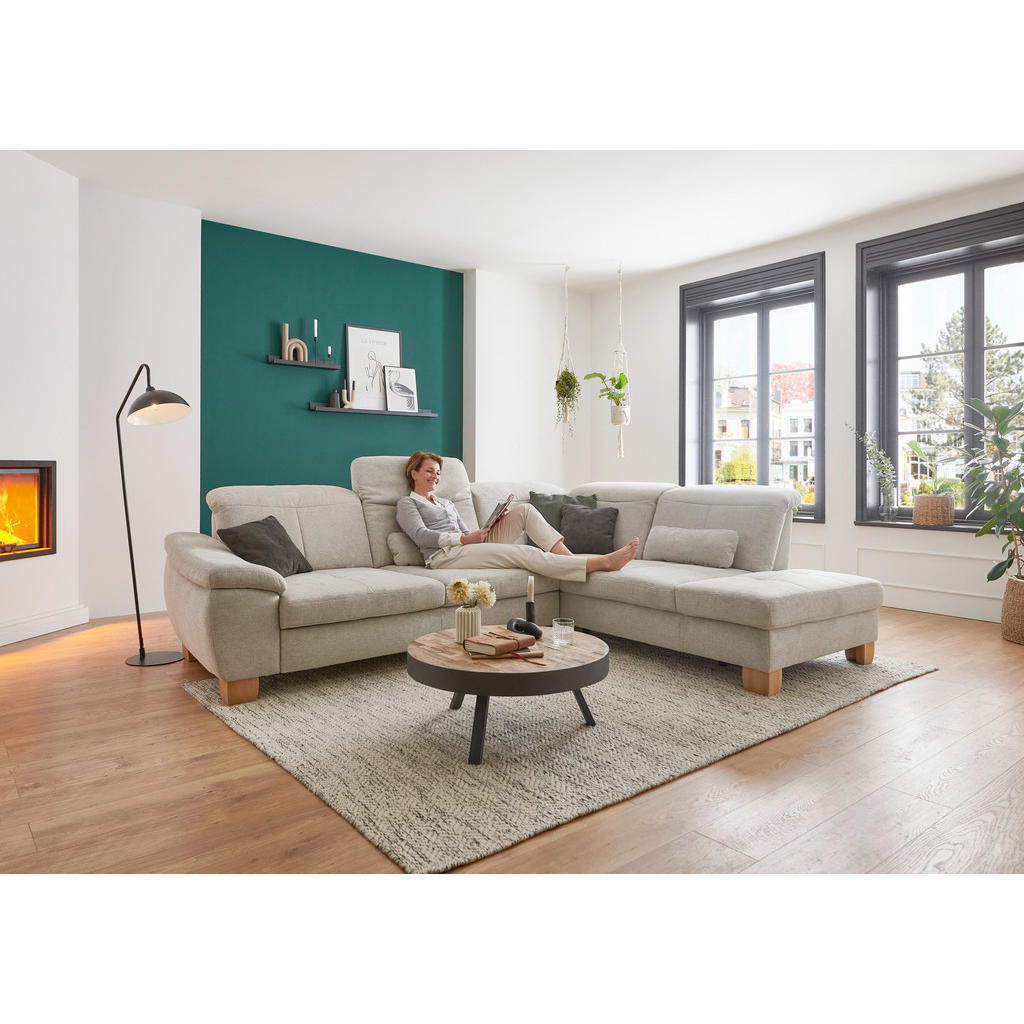 Thumbnail - Voleo Ecksofa, Ecru, Textil, Wildeiche, massiv, 3-4-Sitzer, Ottomane rechts, L-Form, 301x243 cm, Typenauswahl, Bettkaste...