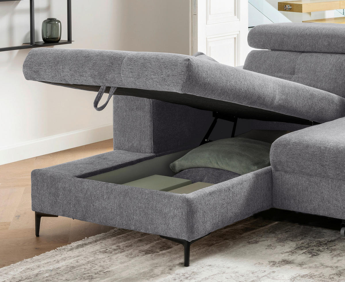 ECKSOFA Chenille Dunkelgrau  - Dunkelgrau/Schwarz, Basics, Textil/Metall (186/270cm) - Livetastic