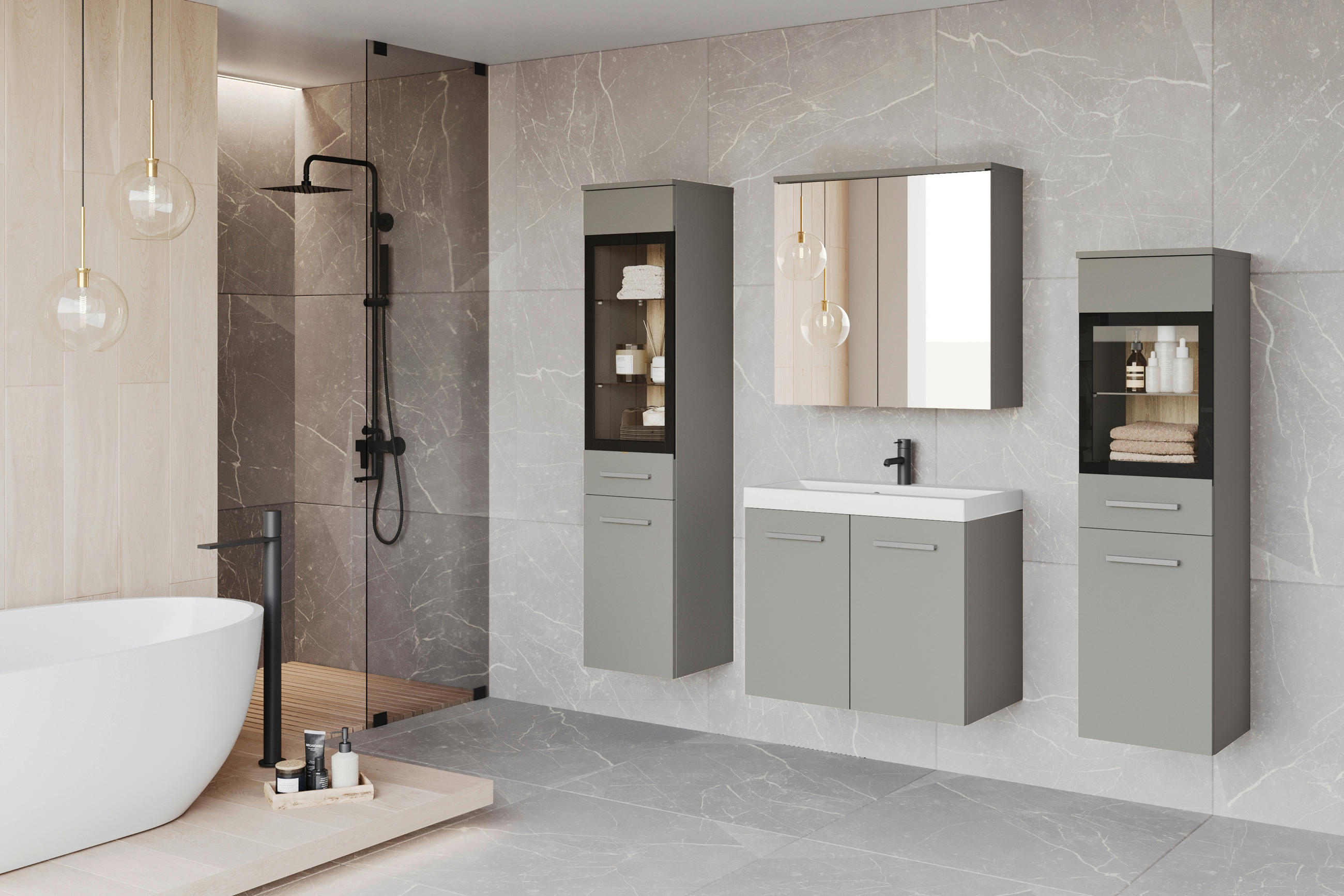 BADEZIMMER 5-teilig  in  - Weiss/Hellgrau, Lifestyle, Glas/Keramik (120,4/131,5/30,2cm) - P & B