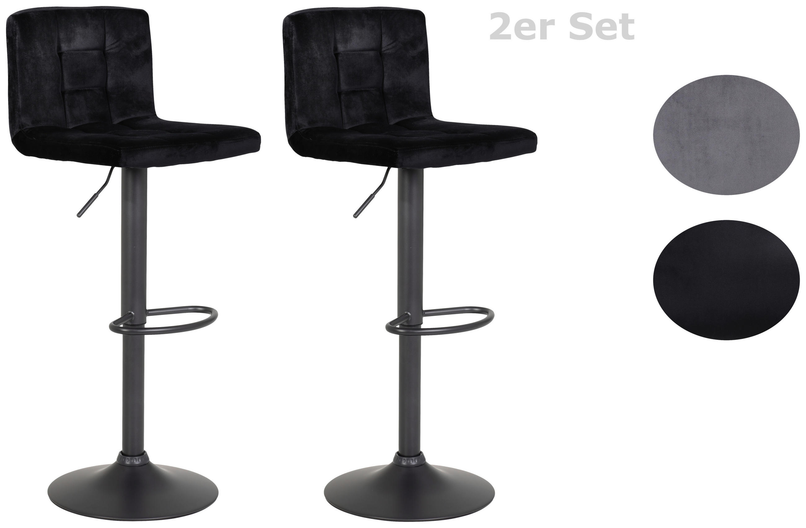 BARHOCKER-SET Samt Schwarz Stahl Sitzfläche 360° drehbar  - Dunkelgrau/Schwarz, MODERN, Textil/Metall (40/85/48cm) - MID.YOU