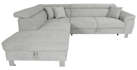 ECKSOFA inkl. Funktionen Grau Cord Zierkissen, Bettkasten, Schlaffunktion, Kopfteilverstellung, Kopfstütze  - Silberfarben/Grau, Design, Textil/Metall (226/257cm) - Xora