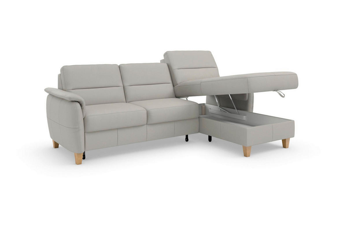 ECKSOFA PALMERA E Hellgrau Kombination Echtleder/Stoff Mikrofaser Bettkasten  - Eichefarben/Hellgrau, Basics, Leder/Holz (244/163cm) - Sit & More