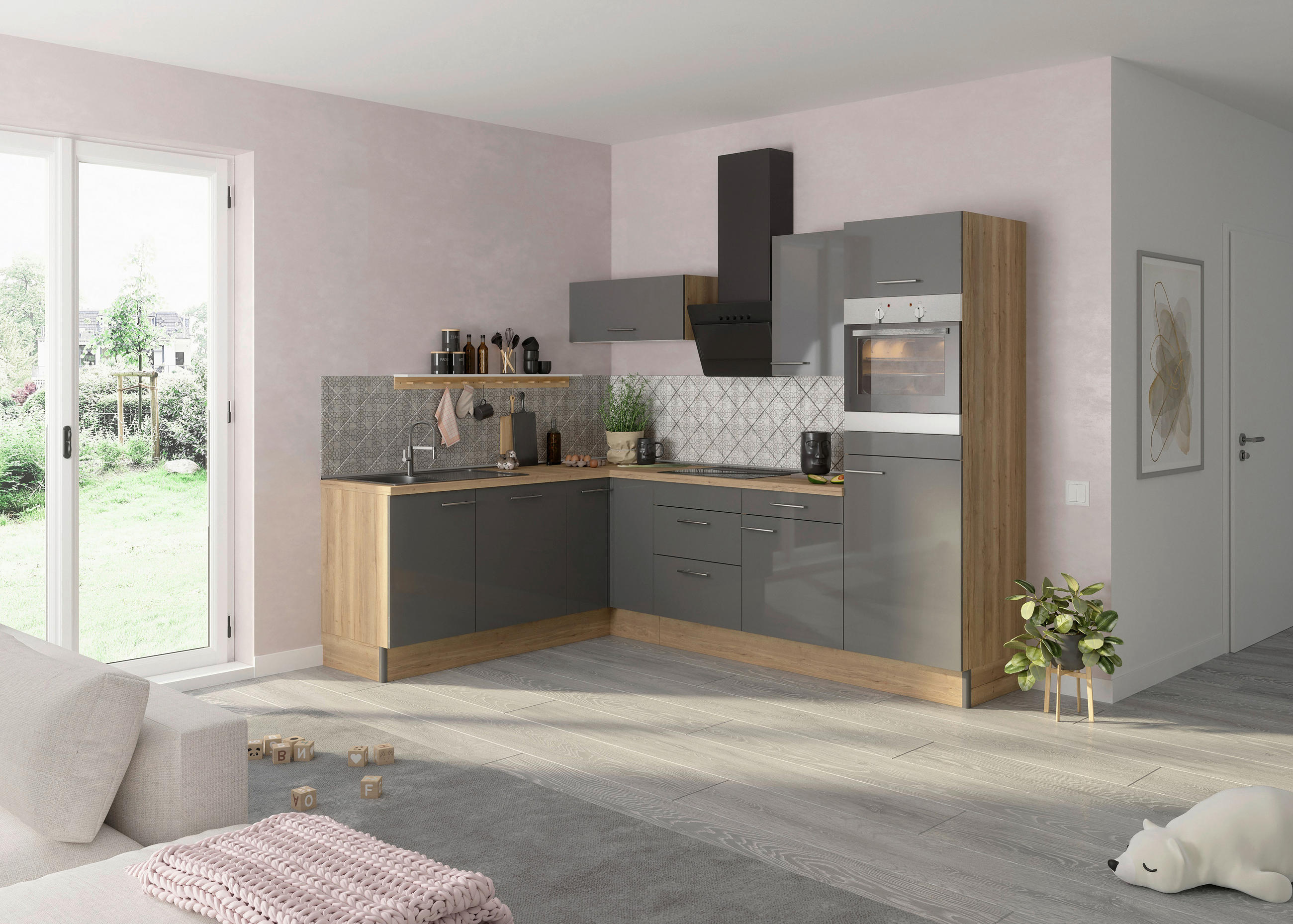 ECKKÜCHE 200/270 cm  in Anthrazit, Eichefarben  - Edelstahlfarben/Eichefarben, Basics, Holzwerkstoff/Metall (200/270cm) - Optifit
