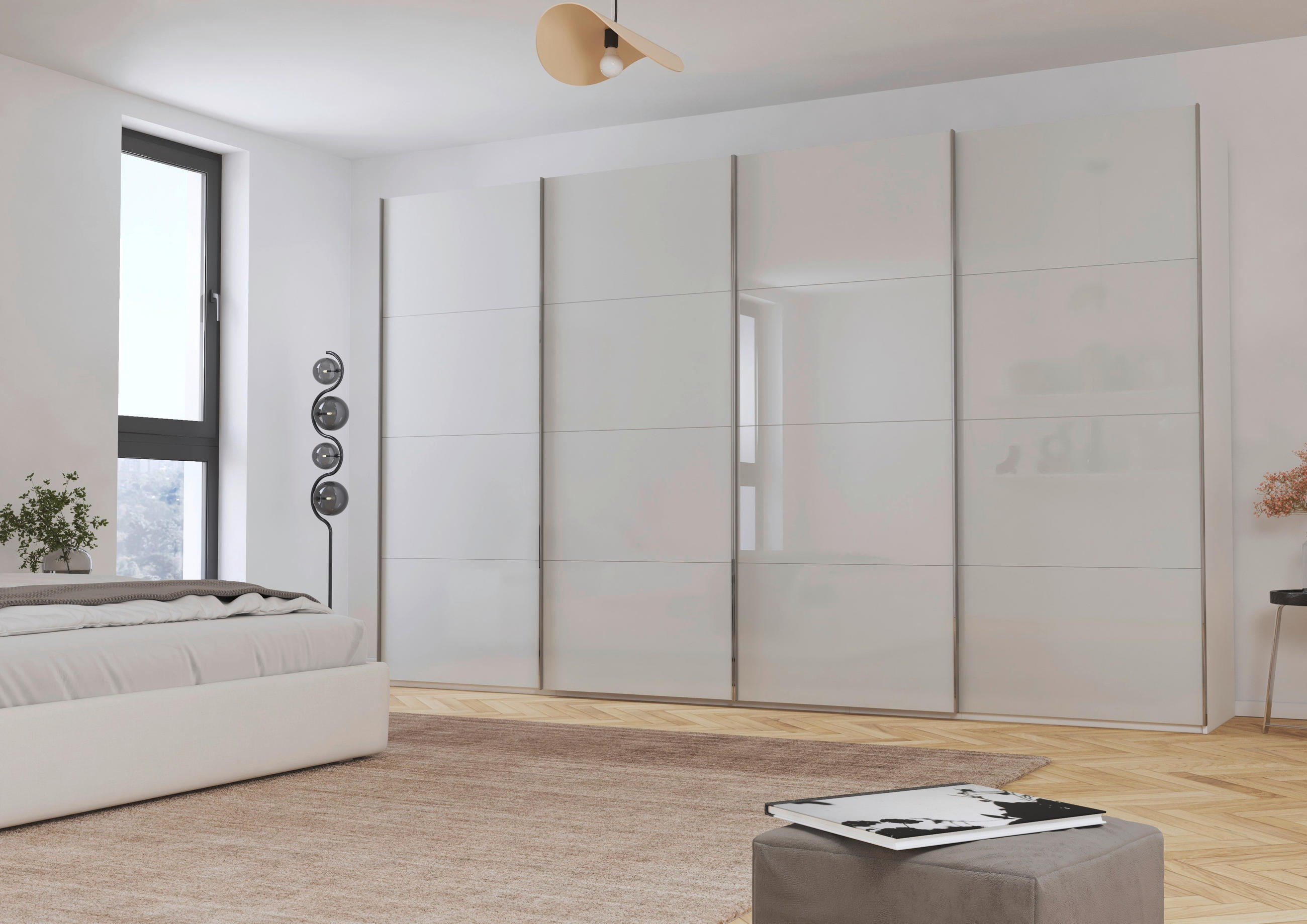 SCHWEBETÜRENSCHRANK 361/223/68 cm 4-türig Weiß, Seidengrau  - Chromfarben/Seidengrau, Design, Glas/Holzwerkstoff (361/223/68cm) - Novel