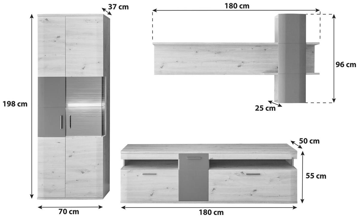 WOHNWAND Kigali  in Anthrazit, Klar, Eichefarben  290/198/50 cm  - Klar/Eichefarben, Design, Glas/Holzwerkstoff (290/198/50cm) - Livetastic