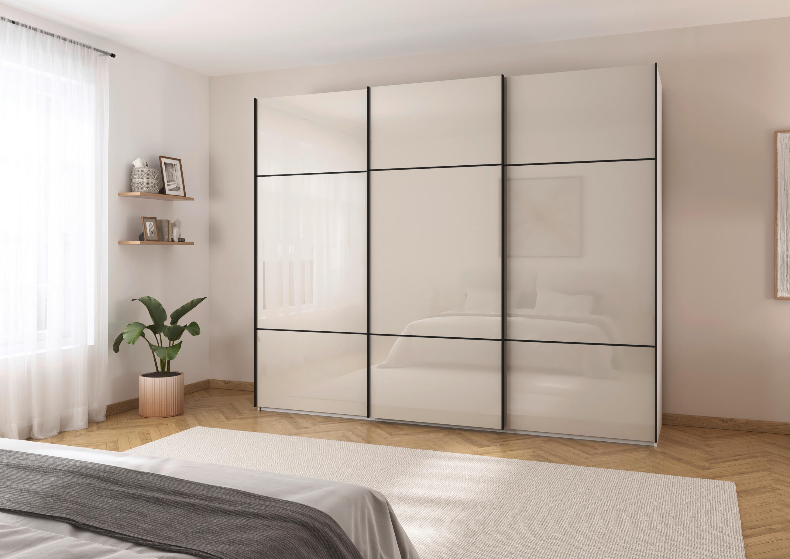 SCHWEBETÜRENSCHRANK  in Weiß, Champagner  - Champagner/Schwarz, KONVENTIONELL, Glas/Holzwerkstoff (242/223/68cm) - Novel