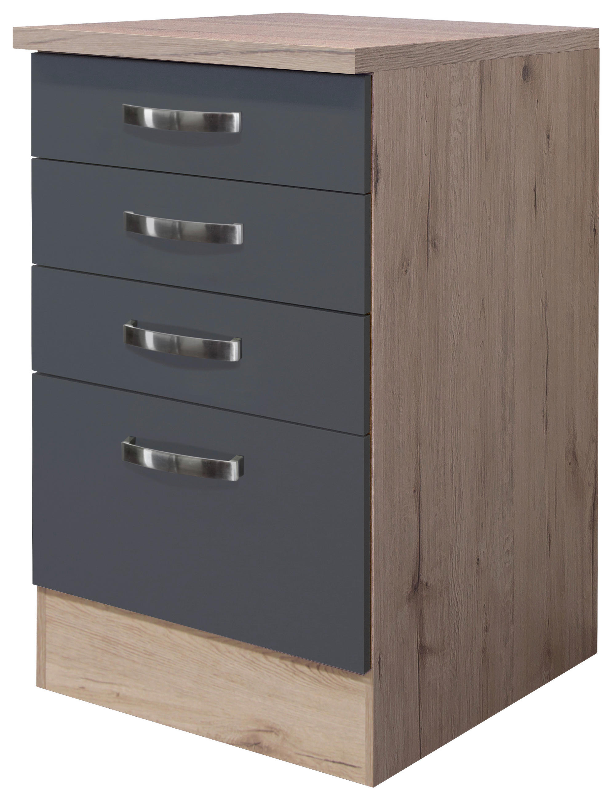 FlexWell Schubkastenunterschrank Edelstahl, Dunkelgrau, Eiche San Remo 50x85x60 cm