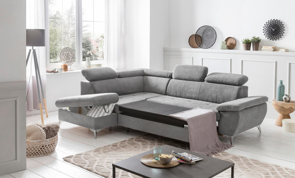 ECKSOFA in Mikrofaser Hellgrau  - Chromfarben/Hellgrau, Konventionell, Textil/Metall (209/256cm) - Livetastic