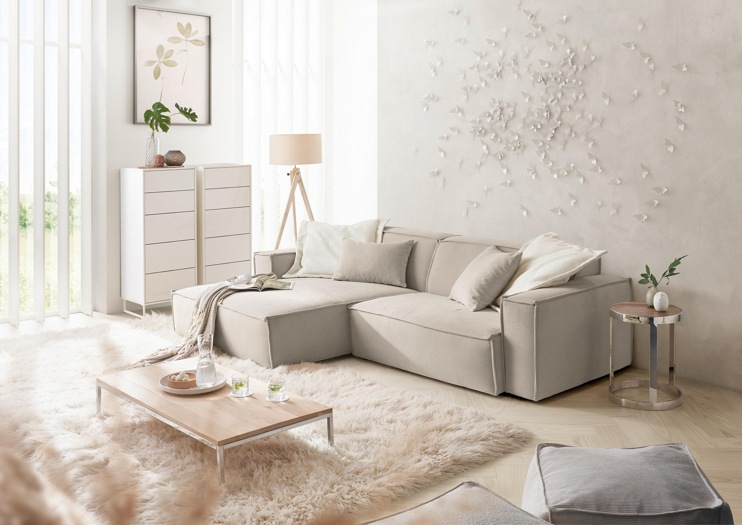 ECKSOFA Sandfarben Feincord  - Sandfarben/Schwarz, KONVENTIONELL, Kunststoff/Textil (168/276cm) - Hom`in