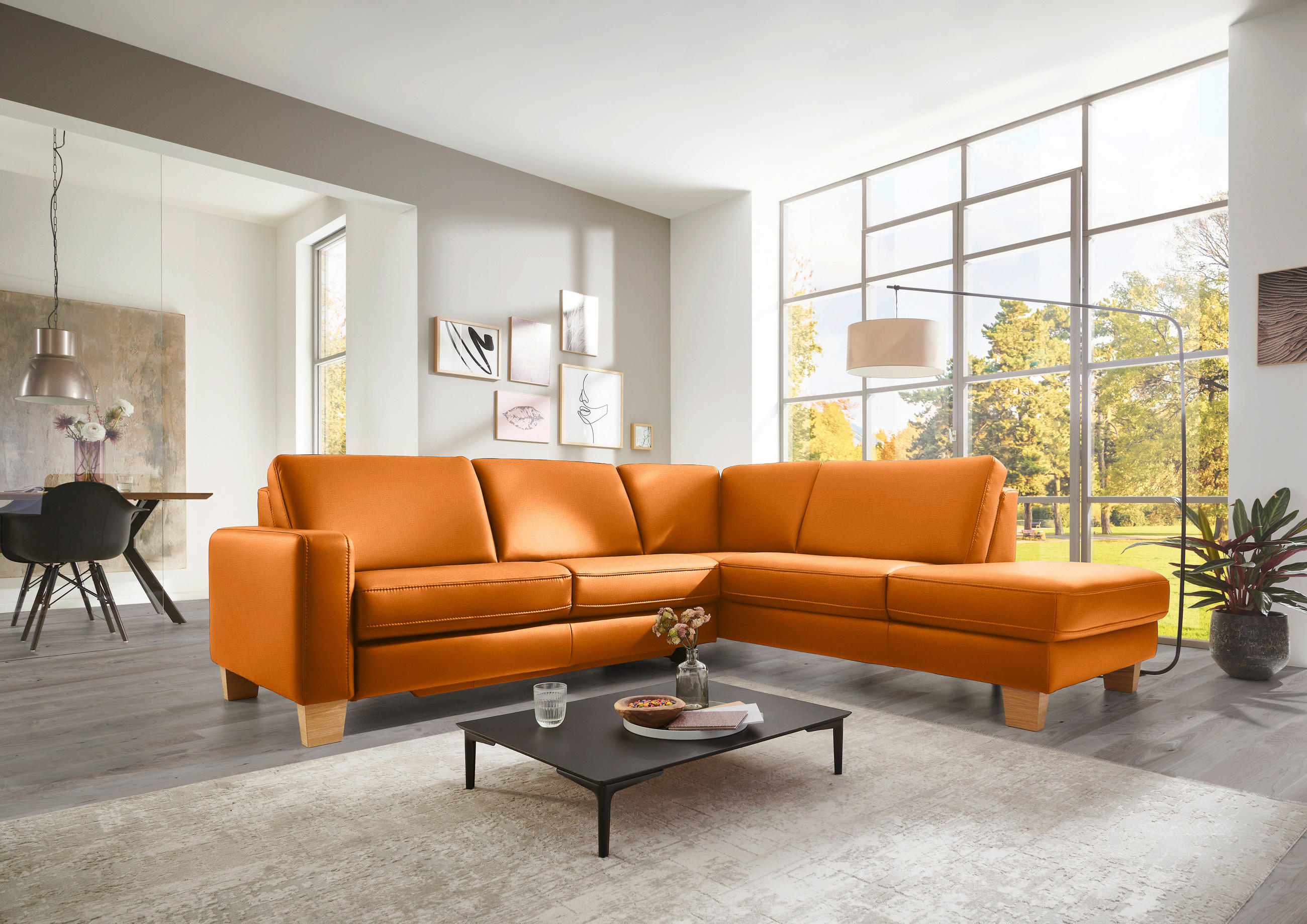 ECKSOFA in Echtleder Orange  - Eiche Bianco/Orange, Konventionell, Leder/Holz (257/235cm) - Valdera