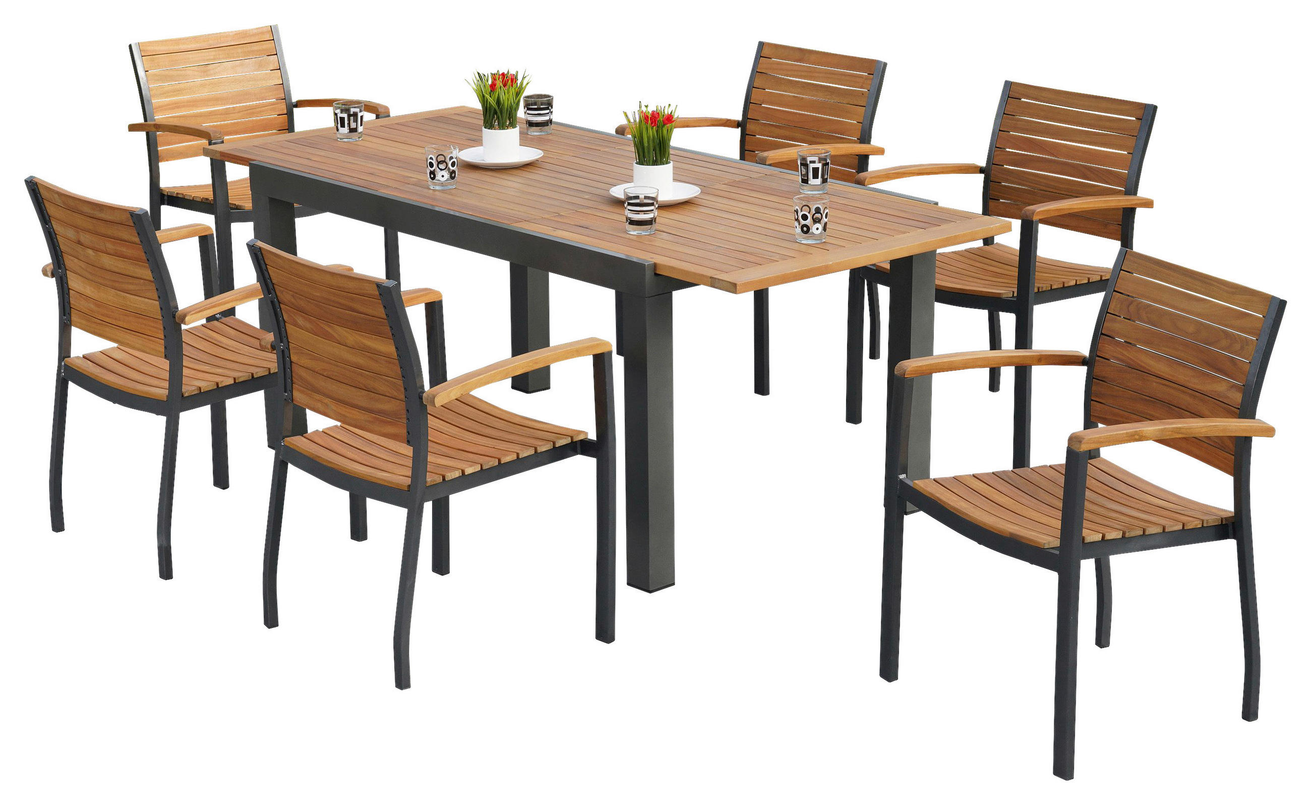 GARTENGARNITUR 7-teilig Akazie massiv Aluminium - Graphitfarben/Naturfarben, MODERN, Holz/Metall - Gardenson