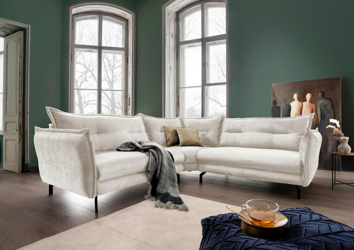 ECKSOFA in Webstoff Weiß   - Hellbraun/Schwarz, Design, Textil/Metall (257/97/257cm) - Livetastic