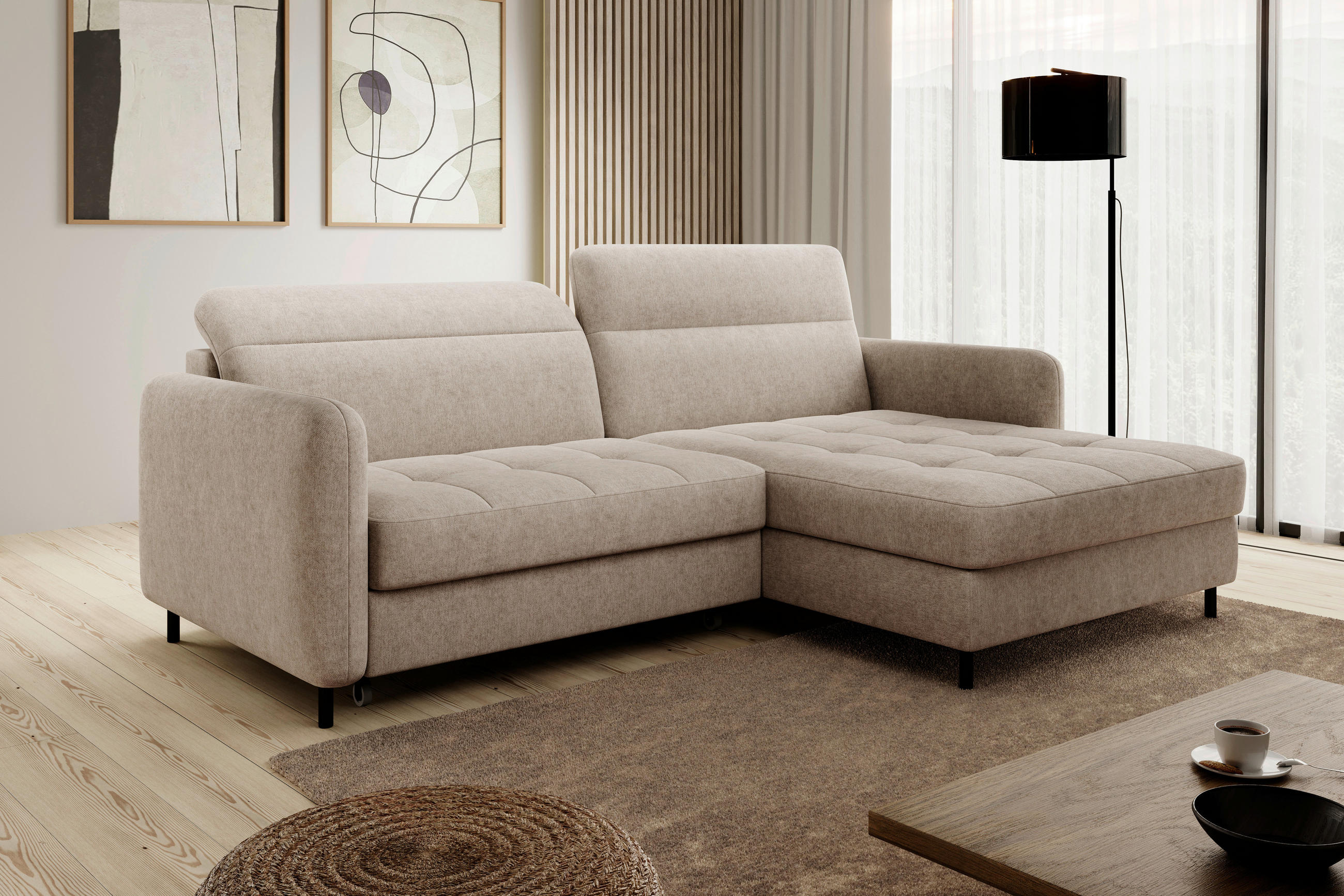 ECKSOFA in Velours Beige  228/165 cm  - Beige/Schwarz, Design, Textil/Metall (228/165cm) - MID.YOU