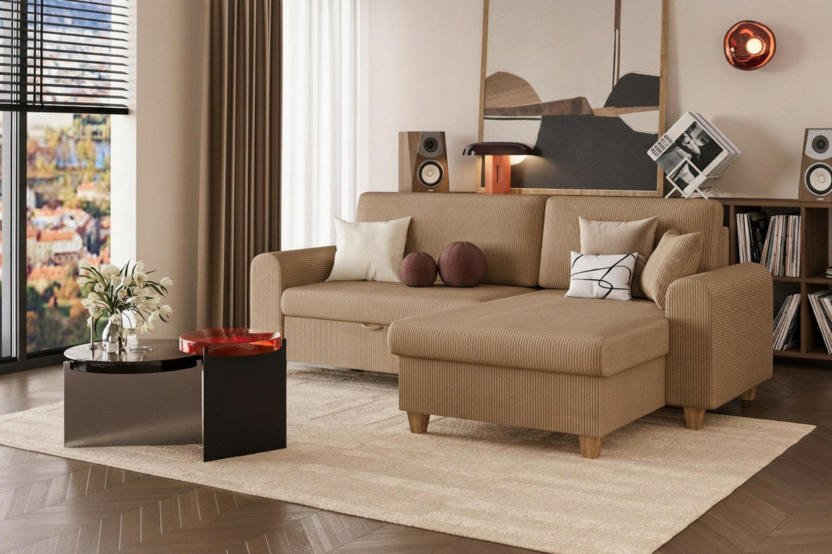 ECKSOFA CORD Hellbraun Velours  - Hellbraun/Beige, Design, Holz/Textil (237/124cm) - MID.YOU