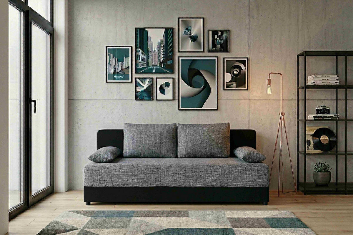 SCHLAFSOFA Lederlook, Webstoff Grau, Schwarz  inkl. Rückenkissen, Armlehnenkissen, Bettkasten, Schlaffunktion, Rücken echt, Liegefläche im Originalstoff  - Schwarz/Grau, Design, Kunststoff/Textil (200/90/103cm) - P & B