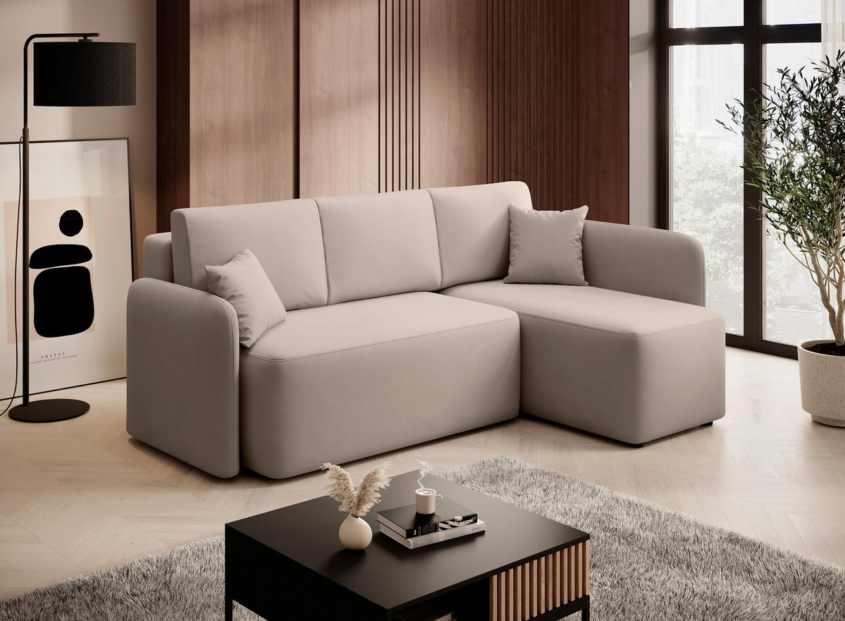 ECKSOFA Beige Plüsch  - Beige/Schwarz, Design, Kunststoff/Textil (206/150cm) - MID.YOU