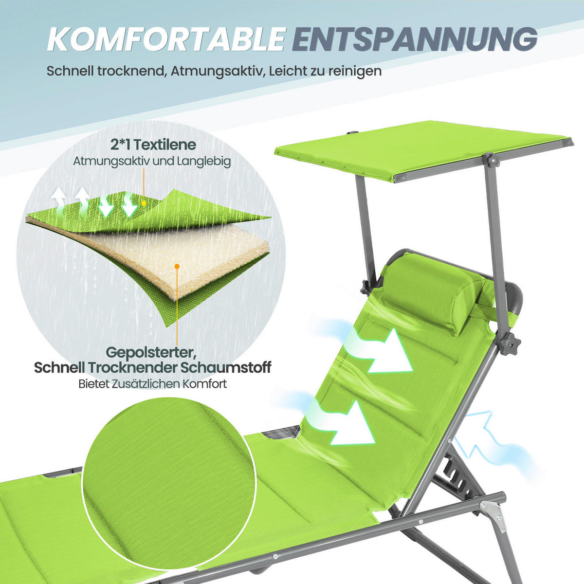 SONNENLIEGE 200/36/70 cm  - Hellgrün/Grau, Basics, Textil/Metall (200/36/70cm) - Modante