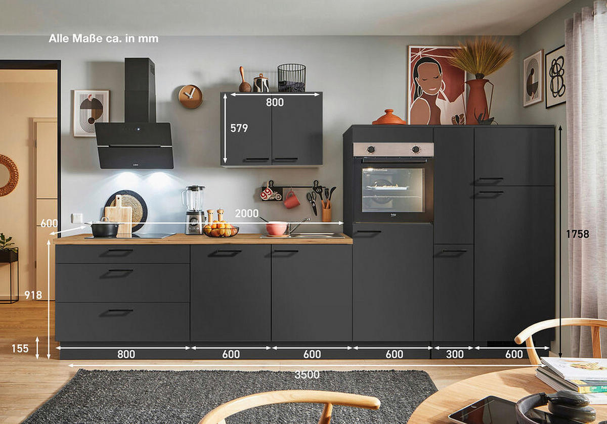 KÜCHENBLOCK PN 80 350 cm  in Graphitfarben, Eichefarben  - Eichefarben/Schwarz, Design, Holzwerkstoff/Metall (350cm) - Pino