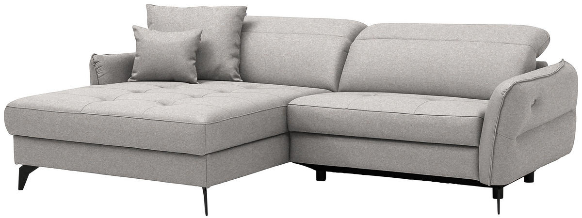 ECKSOFA MANTA in Flachgewebe Grauweiß Bettkasten, Rücken echt, Relaxfunktion, Kopfteilverstellung  175/246 cm  - Grauweiß/Schwarz, Design, Textil/Metall (175/246cm) - Celina